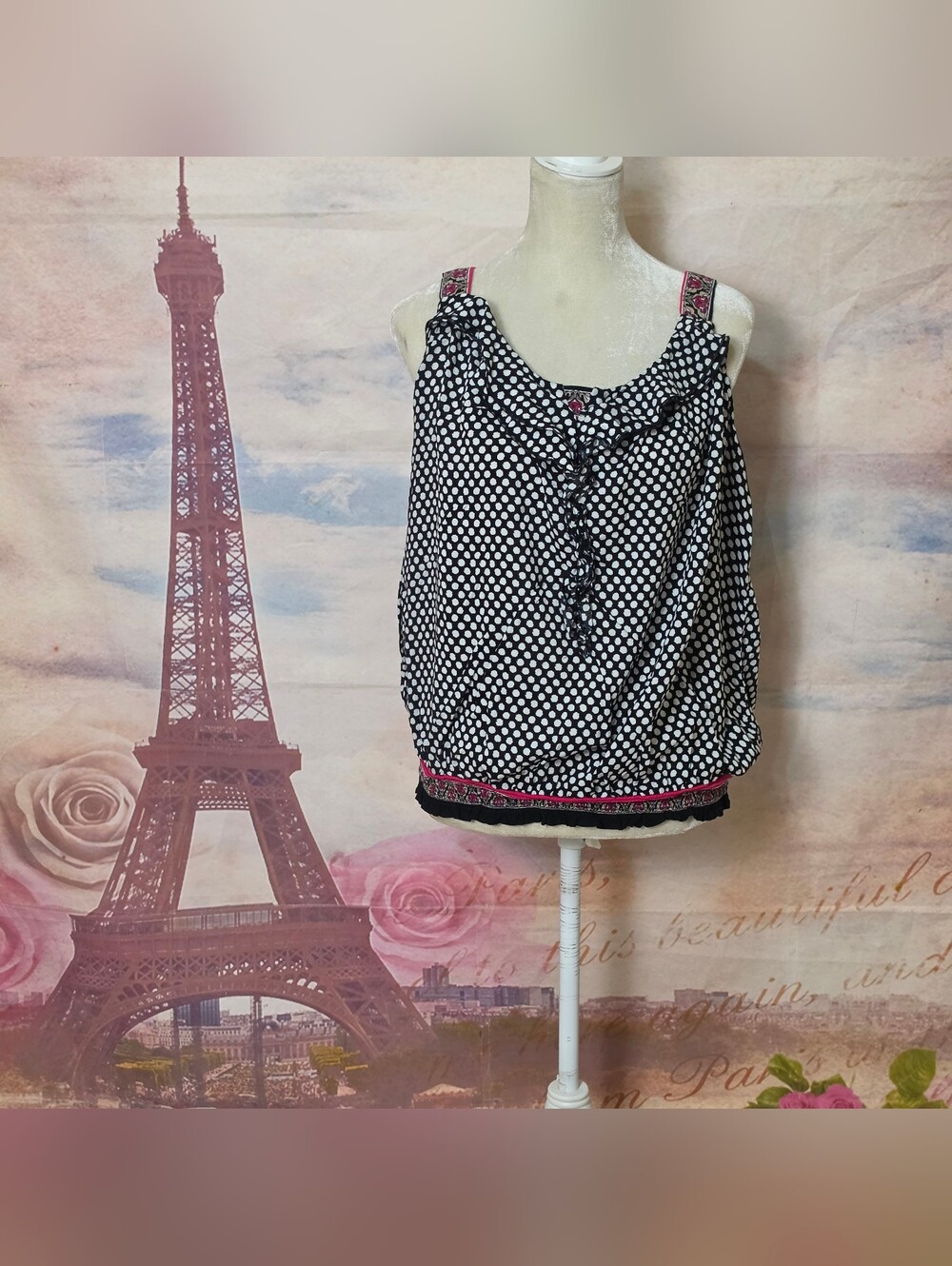 Cato Polka Dot Ruffle Tank Top with Pink Trim Sz 22/24W